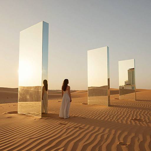 Photograph of a woman in a white dress standing in a desert, facing four large, reflective glass cubes under a golden sunset.