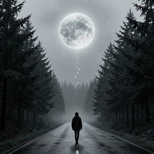 Silhouetted person walks down a misty, rain-soaked forest road, with a luminous, glowing full moon above, surrounded by dark