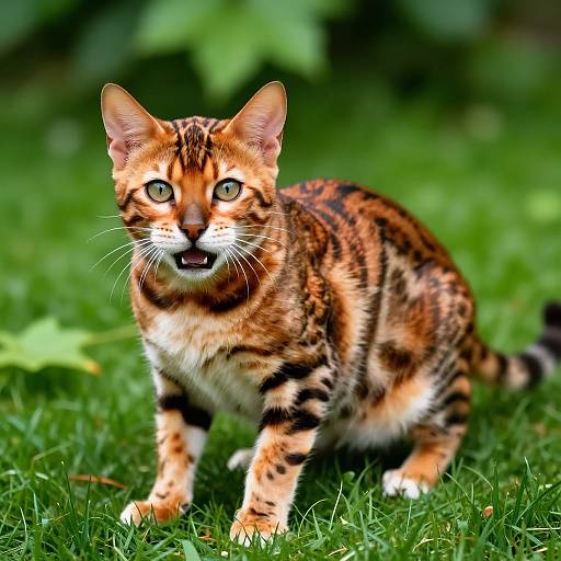 Photograph of a curious, young, orange and black tabby cat with green eyes, standing on lush green grass, looking directly at the camera.