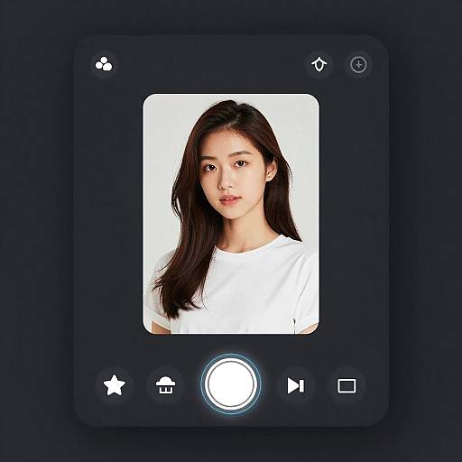 Photograph of an Asian woman with long black hair, wearing a white shirt, displayed in a digital camera interface against a dark background.