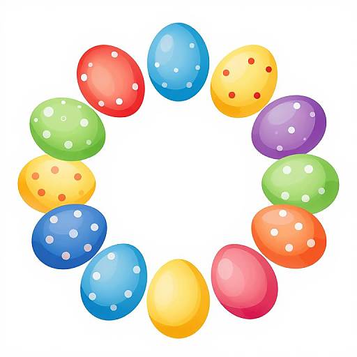 Colorful, digitally-drawn Easter eggs arranged in a circular pattern on a white background, each egg featuring white polka dots and vibrant hues of red