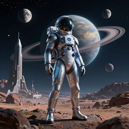 Photorealistic CGI of a silver spacesuit astronaut standing on a rocky planet, with a large planet with rings, moons, and a distant space station
