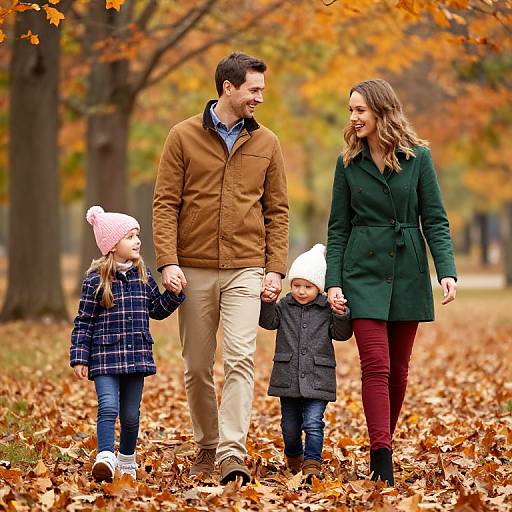 Photograph of a smiling family in autumn park, wearing fall clothes, holding hands, with colorful leaves and trees in background.