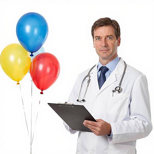 Middle-Aged Doctor with Colorful Balloons