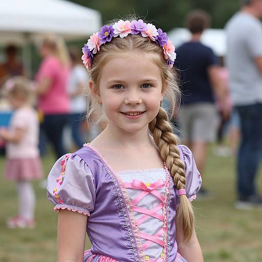 Photograph of a smiling young girl with blonde hair in a braid, wearing a purple dress with pink accents and a flower crown, standing in a