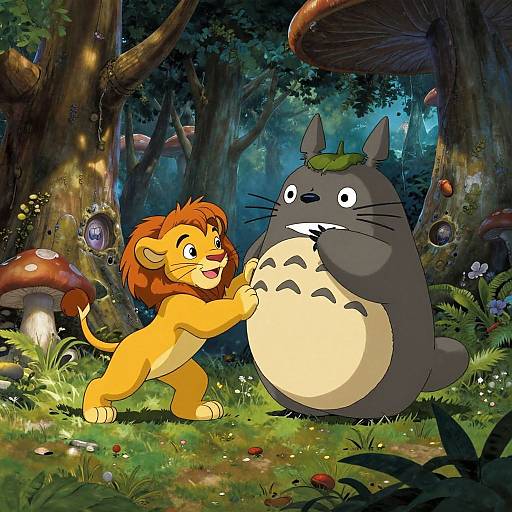 Cute animated lion cub playfully pats Tareyuki, a gray cat with a green leaf on its head, in a magical forest with