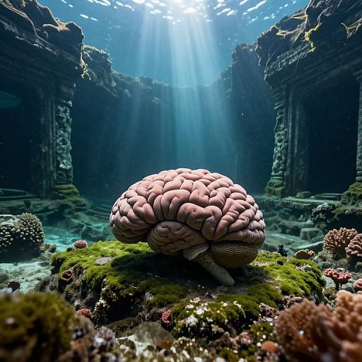 CGI underwater scene: Pink, human-like brain sits on mossy coral reef, surrounded by marine life, ancient ruins in background, sunlight beams through