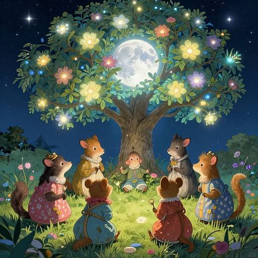 Whimsical Moonlit Gathering of Animals