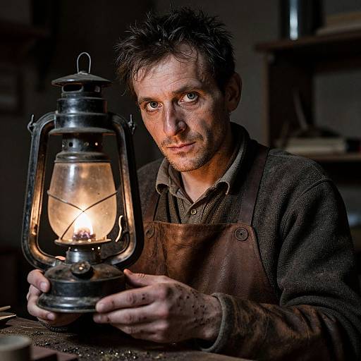 Photograph of a rugged, dirty-faced man in a brown apron holding a glowing lantern, set in a dimly lit, rustic workshop.