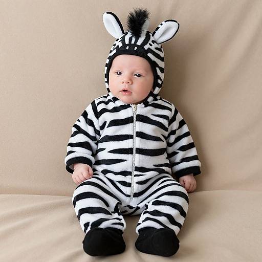 Photograph of a baby in a zebra-striped onesie with hood and ears, sitting on a beige fabric background.