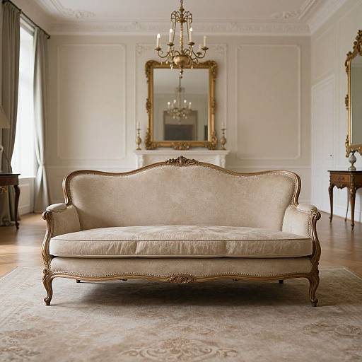 Elegant photograph of a vintage cream-colored upholstered sofa with gold trim, centered in a grand, ornately decorated living room.