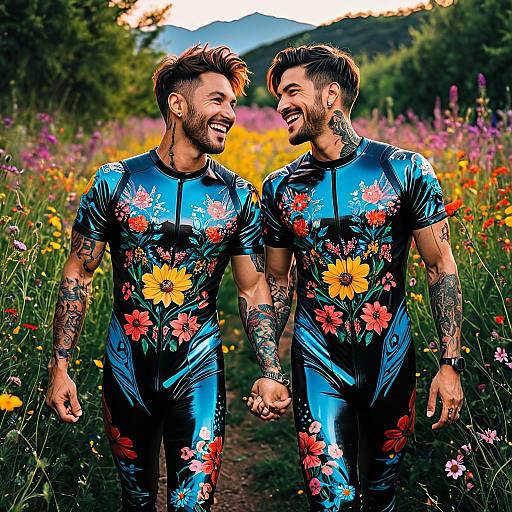 Two Men Holding Hands in Floral Bodysuits