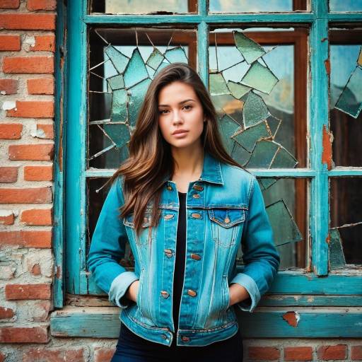 Young woman in denim jacket by broken window