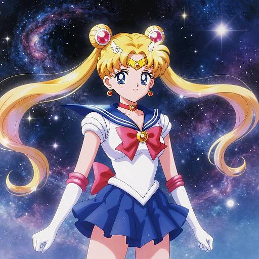 Digital anime artwork of Sailor Moon with long blonde twin-tails, blue sailor uniform, red bow, white gloves, against a starry cosmos background.