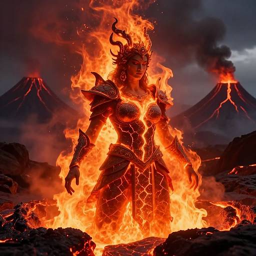 Digital artwork of a fiery, armored female demon with glowing cracks, standing amid erupting volcanoes, surrounded by intense orange flames.