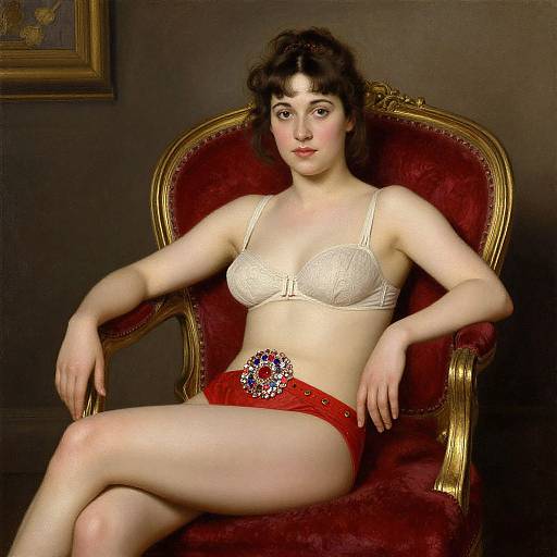 Photorealistic digital painting of a fair-skinned woman with dark curly hair, wearing white lace bra and red floral skirt, seated on ornate red