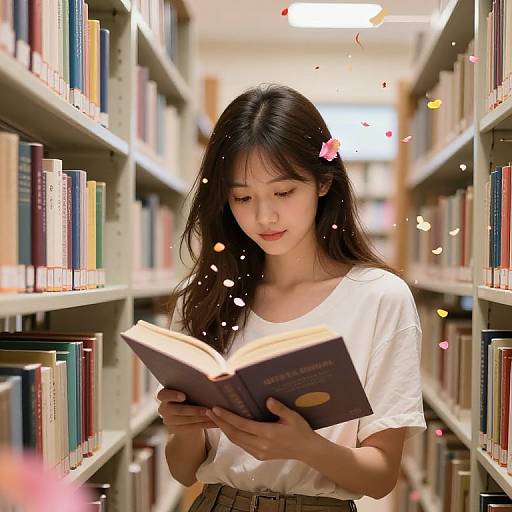 Young Asian woman with long black hair, wearing white shirt, reads book in library aisle, surrounded by floating pink petals.