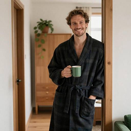Smiling man in bathrobe holding green mug