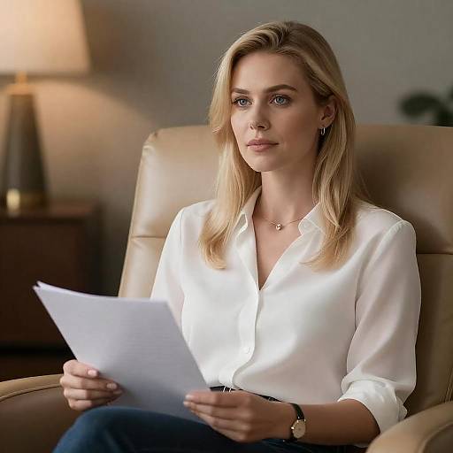 Blonde Woman in Tan Leather Chair