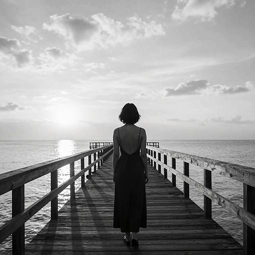 Black-and-white photograph of a woman with short hair, back to the camera, standing on a wooden pier, gazing at a bright, sunlit