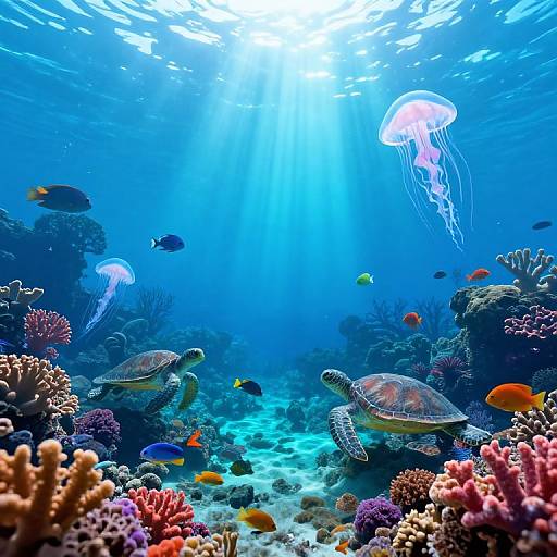 Vibrant underwater photograph of two sea turtles swimming near colorful coral reefs, jellyfish, and various fish, illuminated by sunlight.