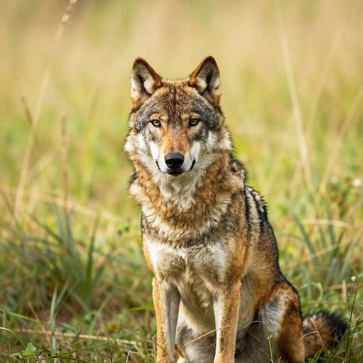 Alert Wolf Sitting in Grassy Meadow
