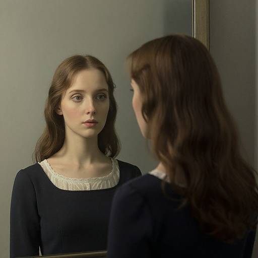 Photograph of a young woman with fair skin, brown wavy hair, wearing a black top with white lace trim, staring at her reflection in a