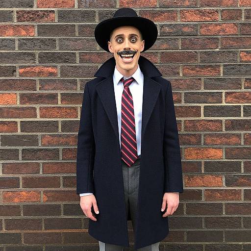 Photograph of a man with a mustache, black wide-brimmed hat, black coat, white shirt, red striped tie, gray pants,