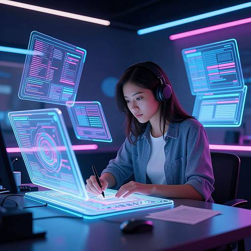 Neon-lit cyber cafe: Asian woman with long black hair, wearing headphones and denim jacket, writes on paper while glowing holographic screens surround her