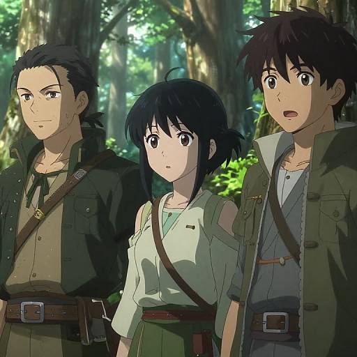 Anime-style digital drawing of three adventurers in a forest: two men with short black hair, one woman with black hair, wearing green military-style outfits with