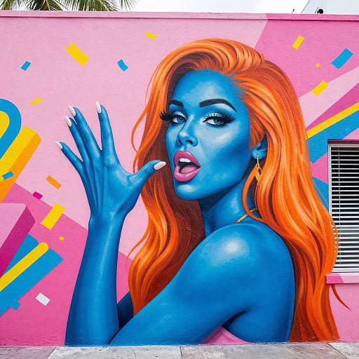 Photograph of a blue-skinned woman with bright orange hair, dramatic makeup, and pink lipstick, posing against a vibrant pink graffiti wall.