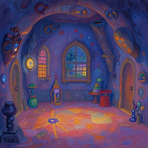 Whimsical, vibrant, blue-tinted fantasy room with arched ceiling, glowing window, colorful patterns, eclectic objects, and magical, neon