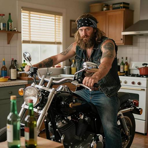 Bearded Biker in a Cluttered Kitchen