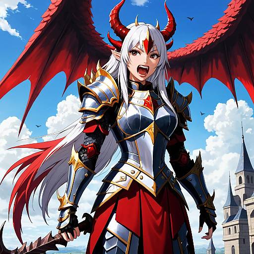 Digital anime-style drawing of a white-haired, red-winged demoness warrior with red horns, armored in silver and red, holding a sword under a