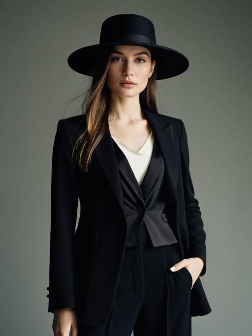 Elegant Woman in Black Blazer and Hat