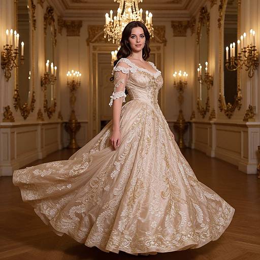 Photograph of a fair-skinned woman with dark hair in an elegant, cream-colored, lace-embellished ball gown, standing in a grand