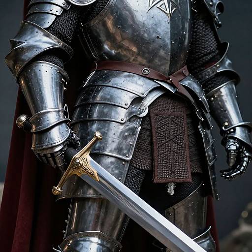 Photograph of a medieval knight in shiny, reflective steel armor, holding a gold-hilted sword, with a dark mesh underbelt and a red
