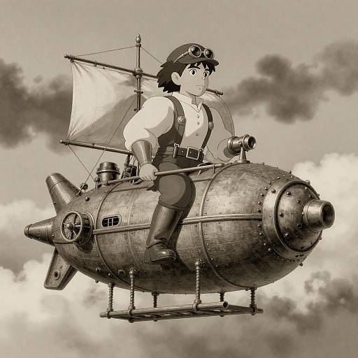 Sepia-toned digital drawing of a young man with goggles, wearing a white shirt, black pants, and suspenders, piloting a steamp