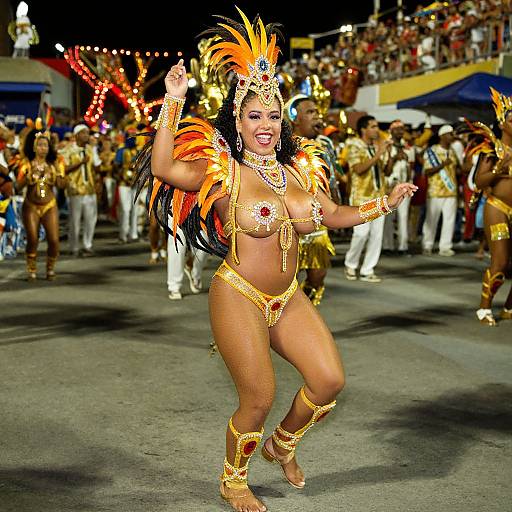Photograph of a vibrant, topless woman with orange and yellow feathered headdress and gold jewelry, dancing in a Carnival parade, surrounded by musicians