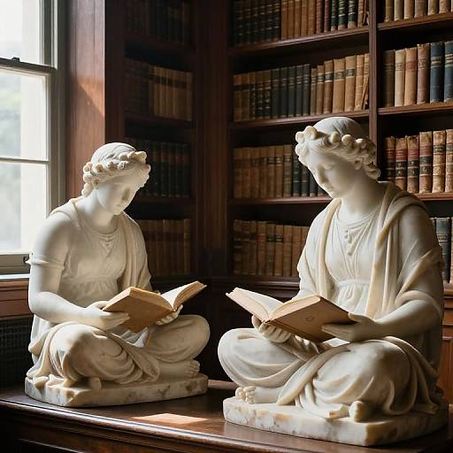 Photograph of two white marble statues of classical women, seated cross-legged, reading books in a sunlit library with wooden bookshelves.
