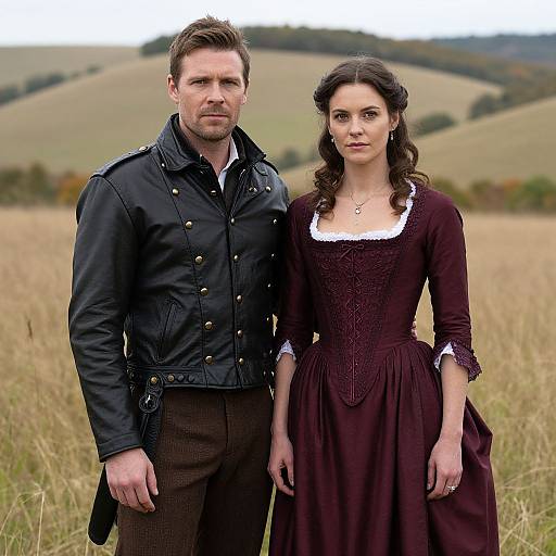 Photograph of a serious, fair-skinned man in a black leather jacket and brown pants standing beside a dark-haired woman in a maroon Victorian dress