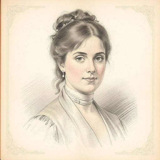 Black-and-white pencil drawing of a young woman with wavy hair, wearing a high-collared dress, looking softly at the viewer.
