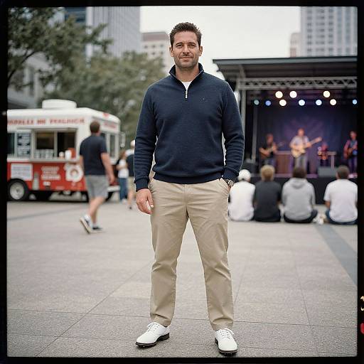 Photograph of a handsome, middle-aged man with short dark hair, wearing a navy zip-up hoodie, beige pants, and white sneakers, standing in