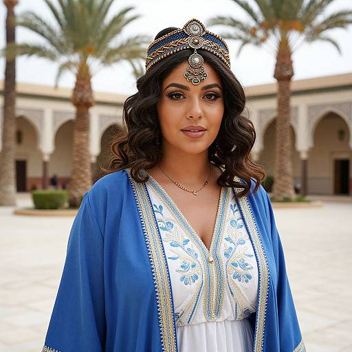 Photograph of a woman with medium-brown skin and curly black hair, wearing a blue robe, white embroidered top, and ornate headpiece,