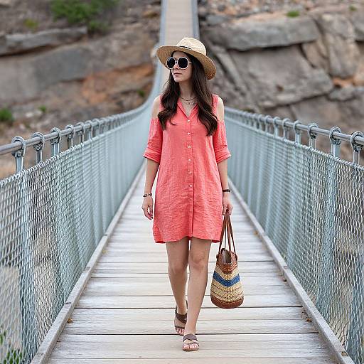 Photograph of a woman in a coral dress, straw hat, and sunglasses walking on a suspended bridge, holding a woven bag.