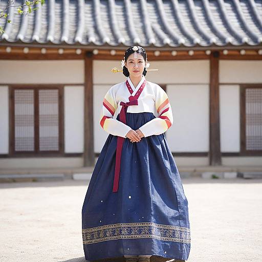Photograph of a smiling Korean woman in traditional hanbok with white, red, and navy colors, standing in front of a wooden building with tiled