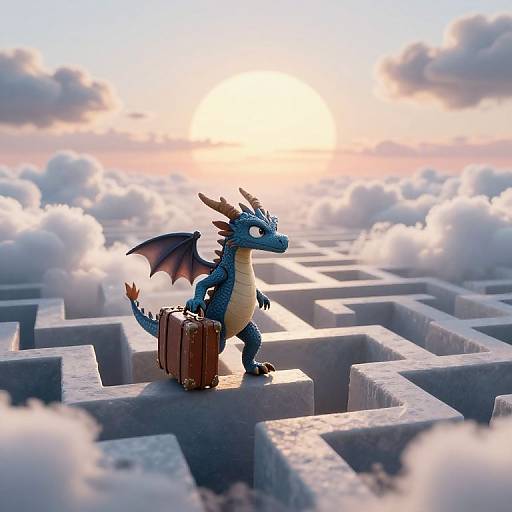 CGI image of a blue dragon with brown suitcase walking through a cloudy maze at sunset, with wings slightly open.
