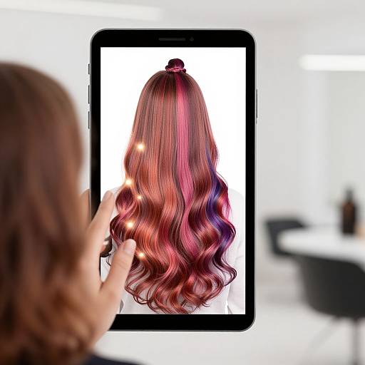 Photograph of a hand holding a tablet displaying a close-up of a woman's vibrant pink and purple wavy hair, with blurred salon background.