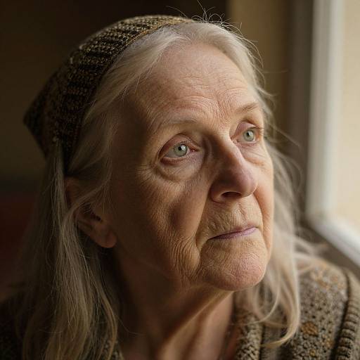 Photograph of an elderly woman with long white hair, green eyes, and a textured brown headscarf, looking thoughtfully out a window. Natural
