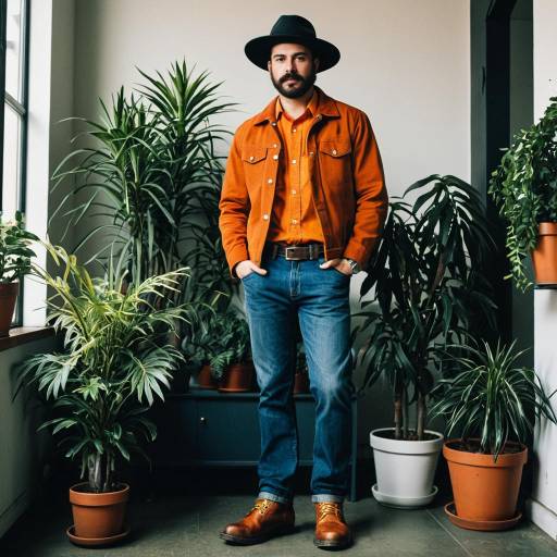 Man in Orange Jacket Standing Among Indoor Plants